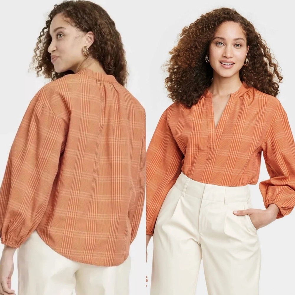 A New Day Sz S Peasant Puff Sleeve‎ Blouse Orange Plaid V Neck Top Cottagecore